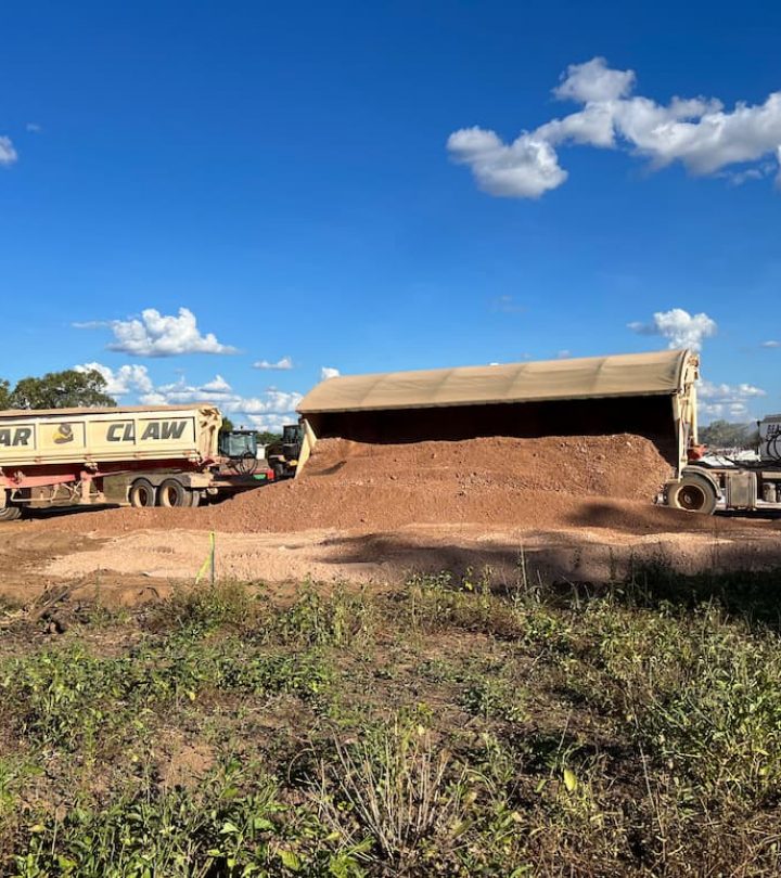 Truck pouring soil — Concreters in Marlow Holtze, NT